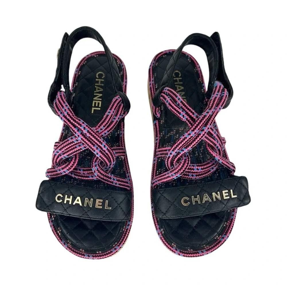 Chanel 2020 Cord Lambskin Quilted Logo Sandals Pink Black Size 38